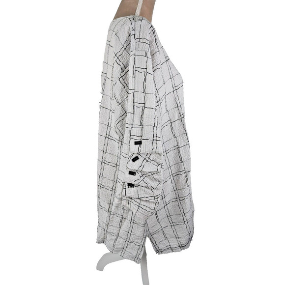 Ali Miles 1X Crinkle Tunic Top Blouse Black White Plaid Button Detail Lagenlook - Picture 2 of 10
